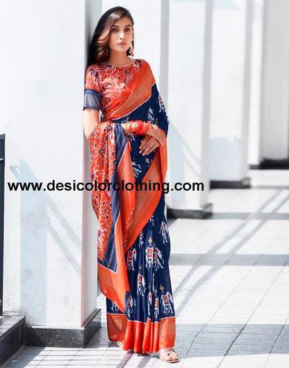 Rust Silk Printed Saree