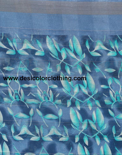 Steel Blue Cotton Printed Saree