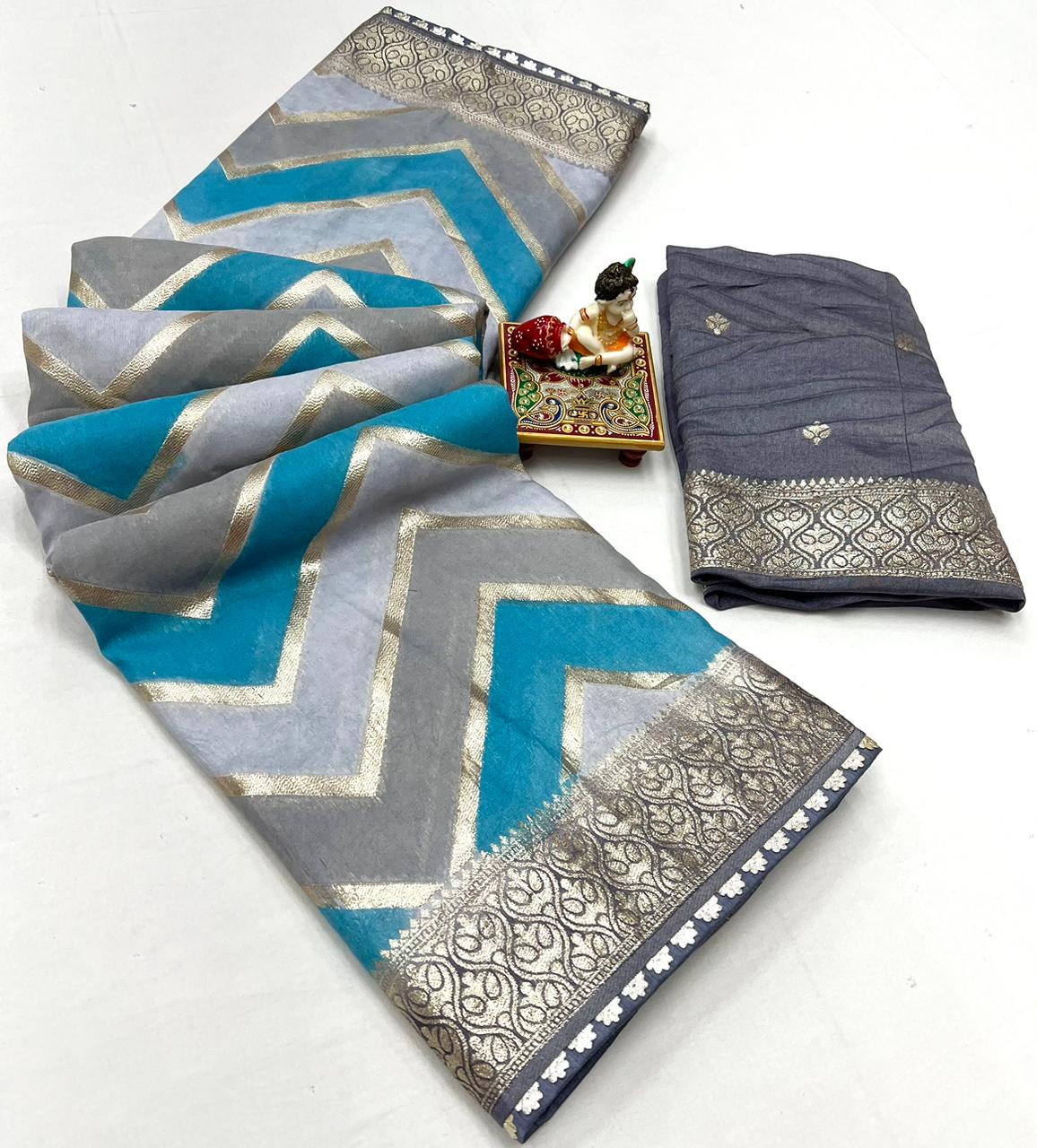 Product Image - Designer Saree with Rich Multi Zari Work & Muslin Silk Fabric