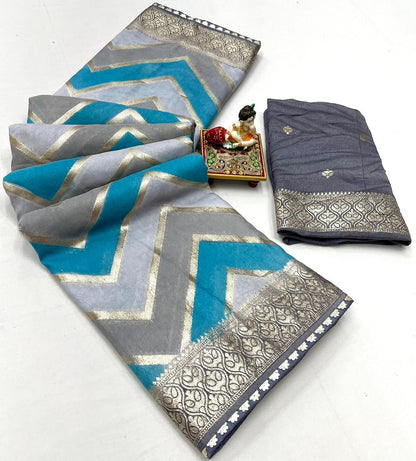 Product Image - Designer Saree with Rich Multi Zari Work & Muslin Silk Fabric