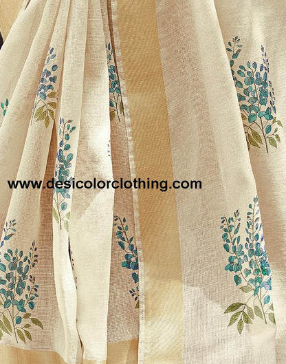 Cream Cotton Printed  Saree