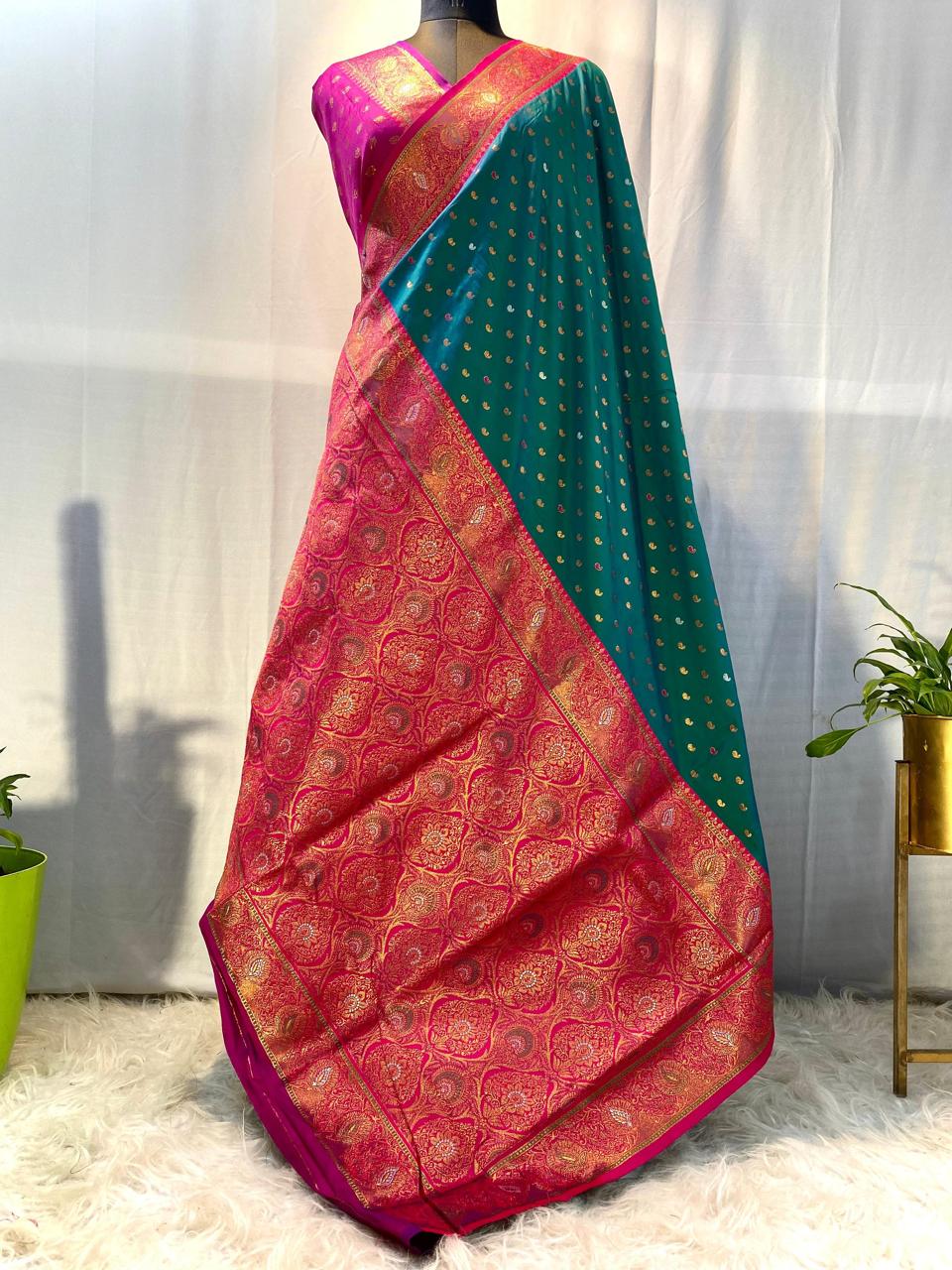 Product Image - Exquisite Pure Soft Paithani Silk Saree with Contrast Weaving Border