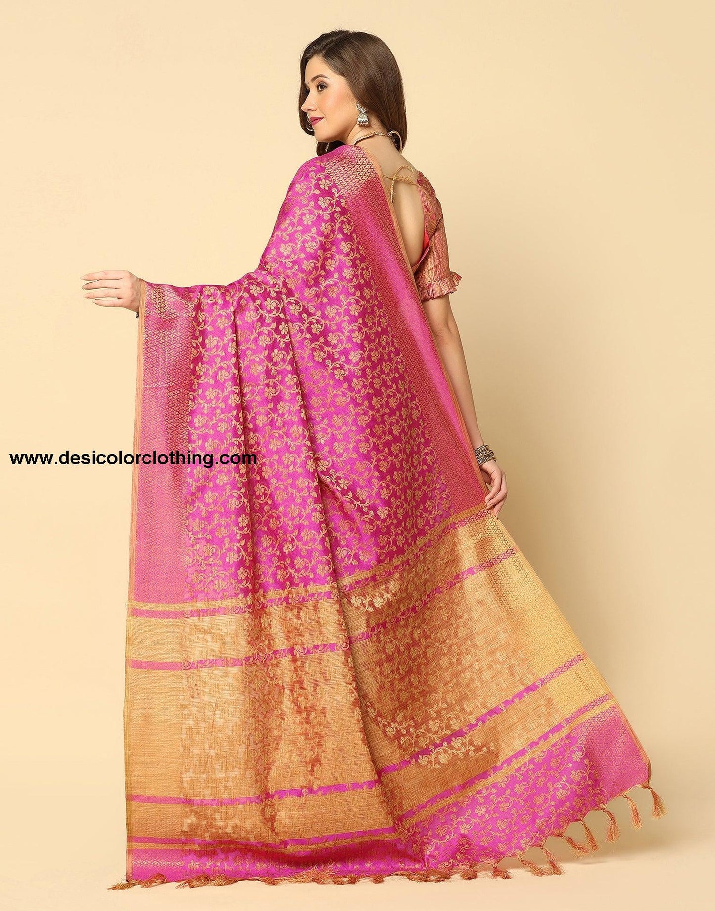 Pink. Beige Banarasi Silk Saree