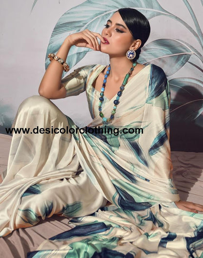 Cream Silk Printed Sarees