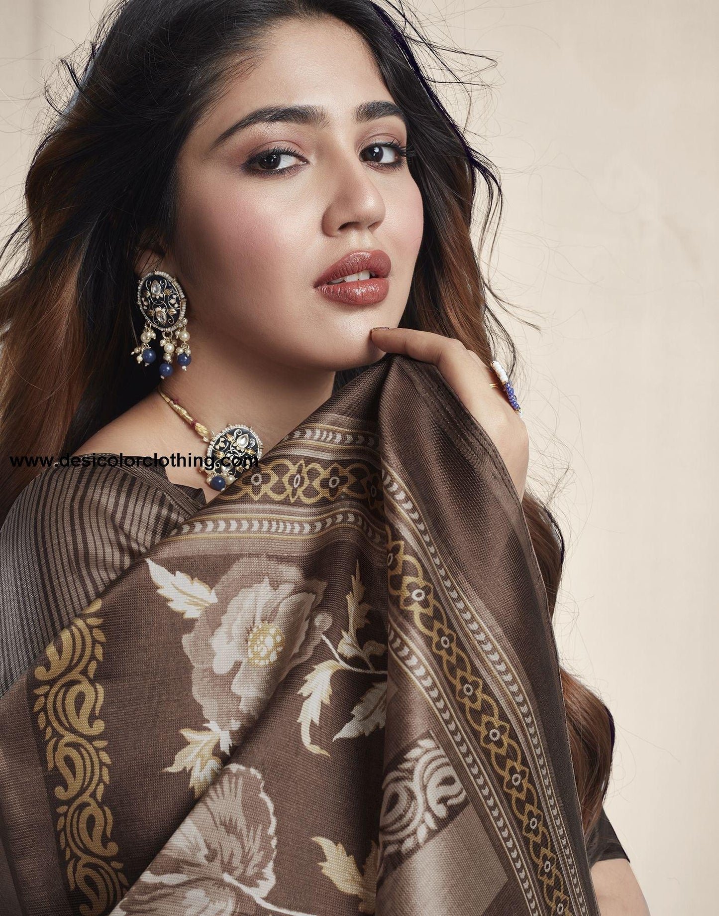 Dark Brown Printed Silk Saree