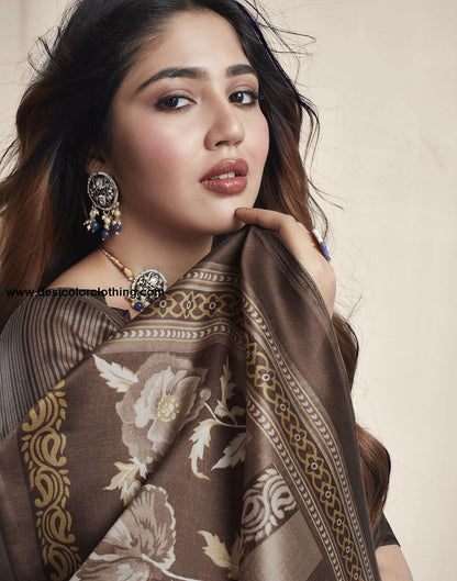 Dark Brown Printed Silk Saree