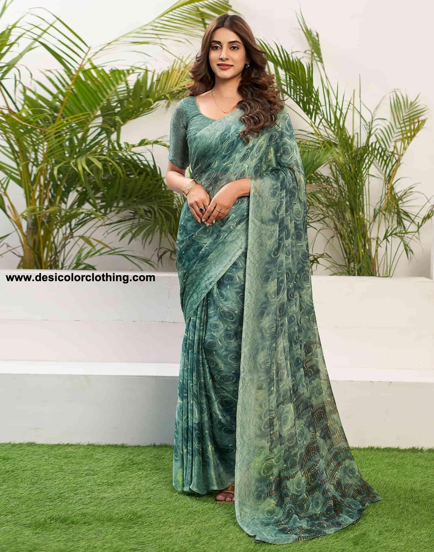 Teal Green Chiffon Printed Saree