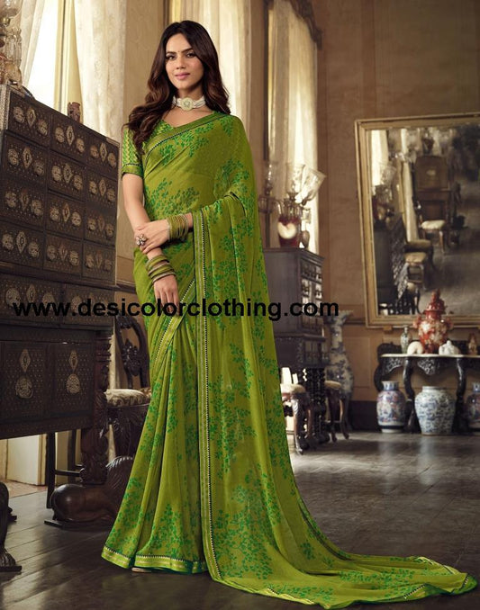 Parrot Green Georgette Printed Saree
