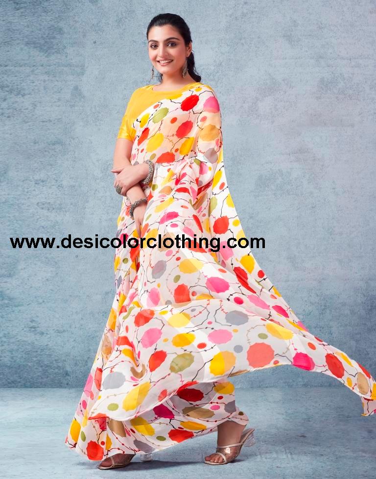 White Georgette Printed  Saree