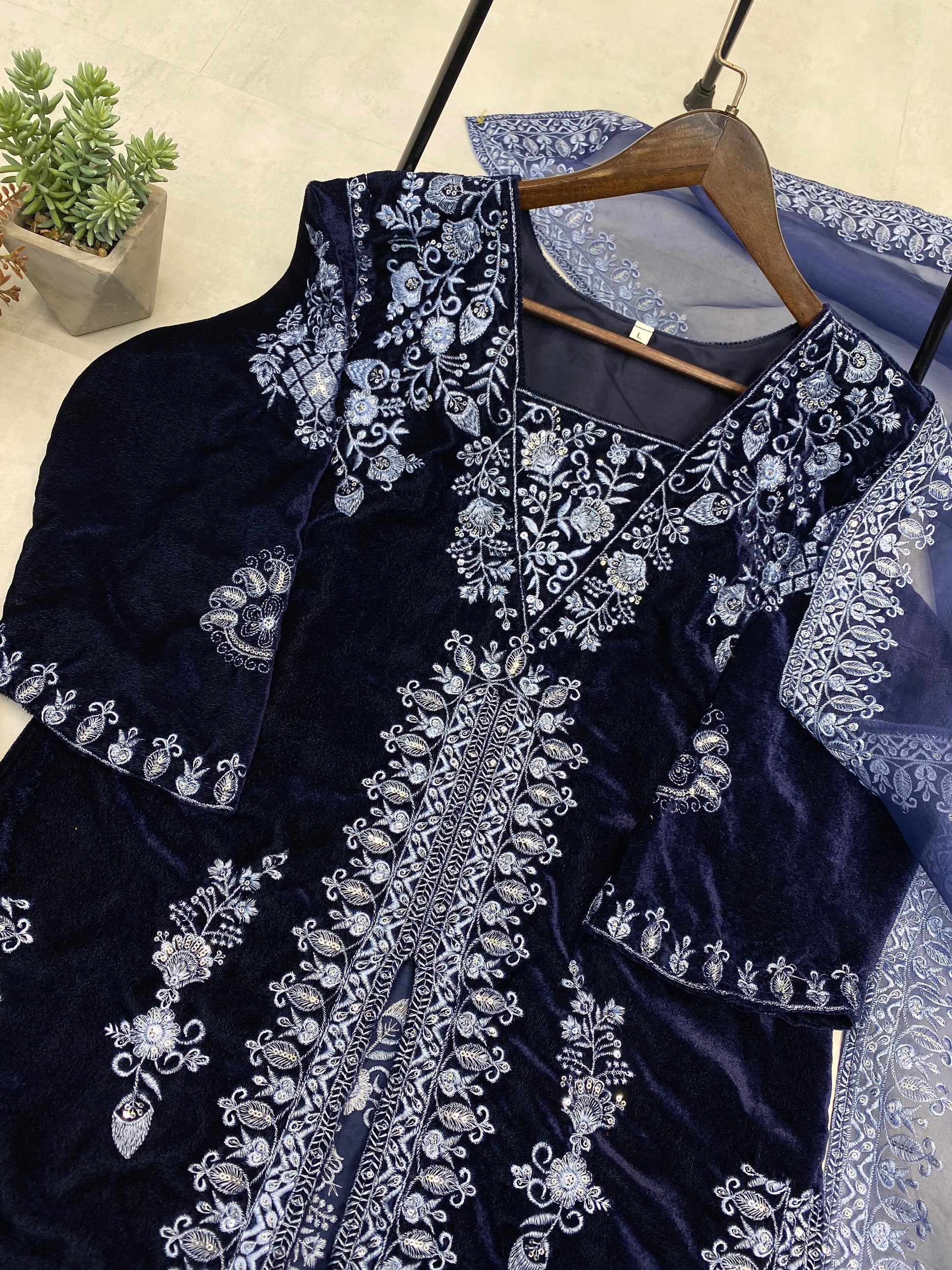 Product Image - Adorable Heavy Velvet Sequence Embroidery Work Suit with Plazo and Dupatta