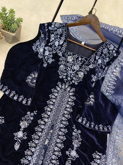 Product Image - Adorable Heavy Velvet Sequence Embroidery Work Suit with Plazo and Dupatta