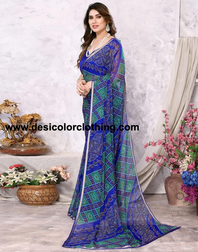 Royal Blue Chiffon Bandhani Printed Saree