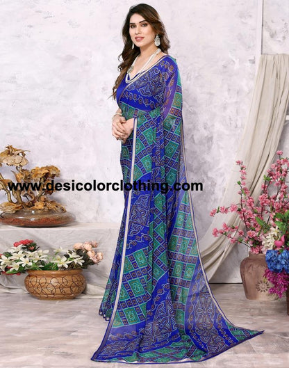 Royal Blue Chiffon Bandhani Printed Saree