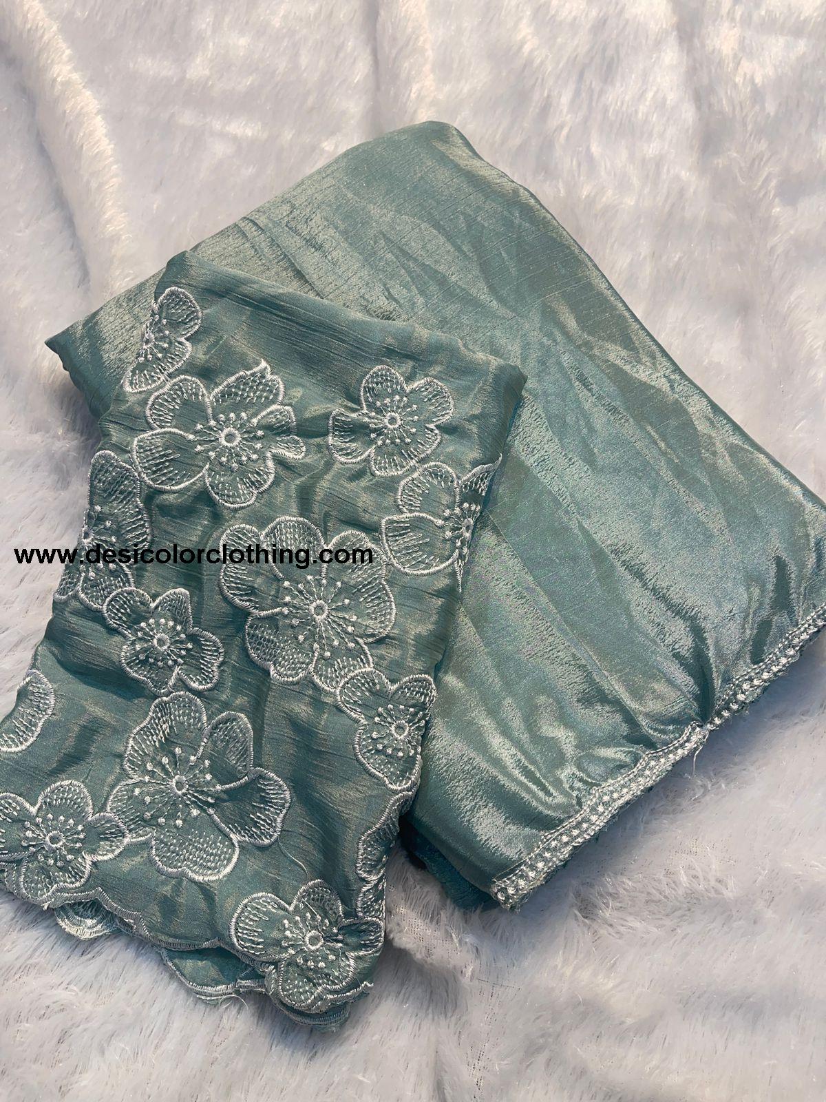 White Rose Chinon Saree with Multi-Embroidery and Piping Work