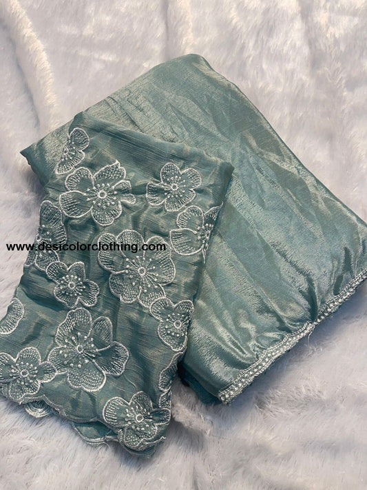 White Rose Chinon Saree with Multi-Embroidery and Piping Work