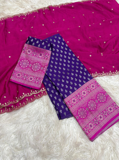 Product Image - Exquisite Pongal Special Designer Saree with Banarasi Border and Chiffon Dupatta - Festive Wear