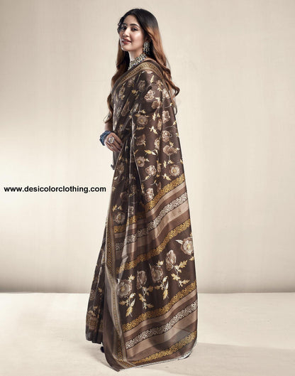 Dark Brown Printed Silk Saree