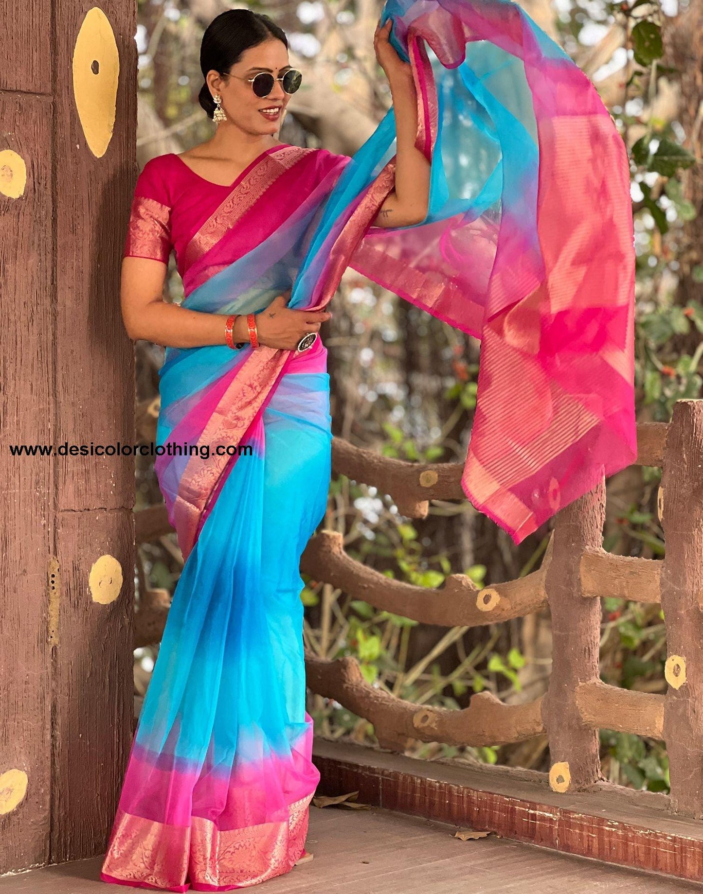 Rani Pink Plain Organza Saree