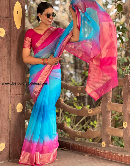 Rani Pink Plain Organza Saree