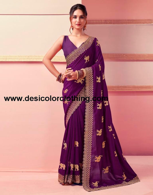 Dark Magenta Silk Embroidery Saree