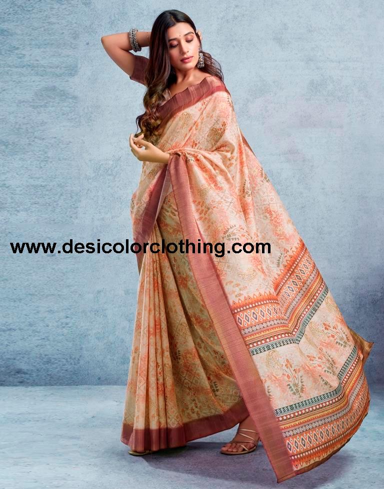 Cream Silk Printed  Saree