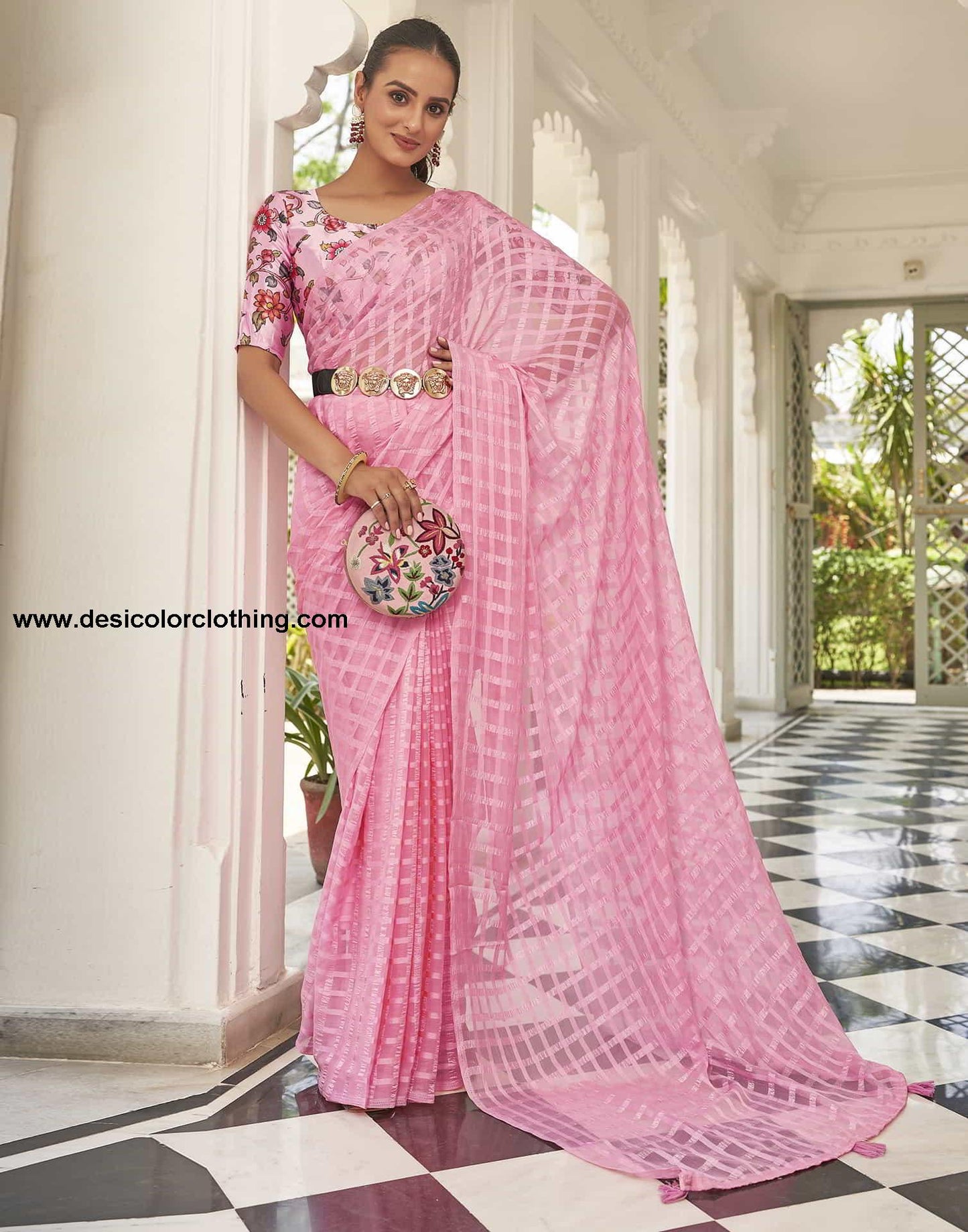 Pink Checkered Chiffon Woven Saree