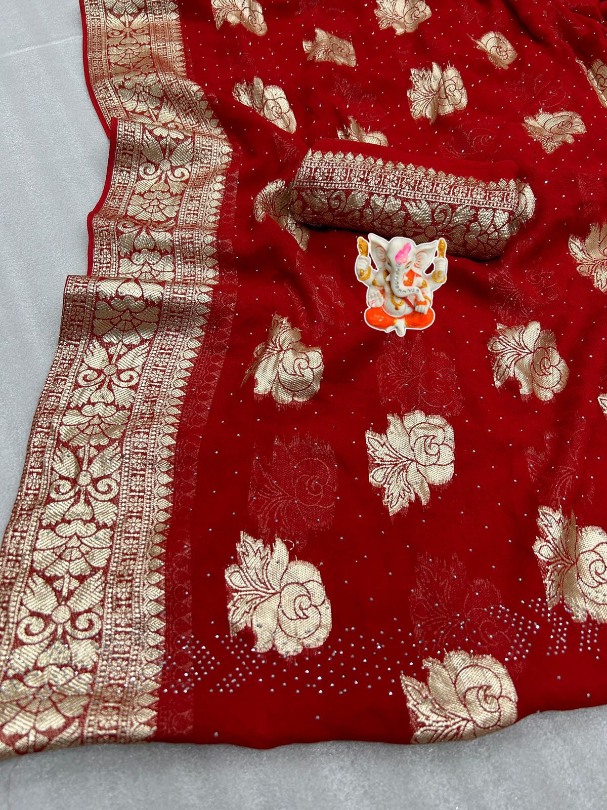 Product Image - Exquisite Blood Red Designer Saree with Viscose Zari Weaving and Diamond Work - Perfect Festive Wear