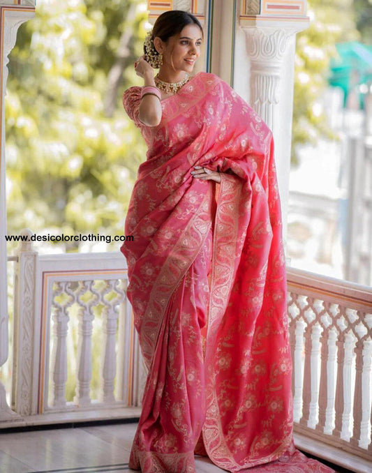 Punch Pink Silk Plain Saree