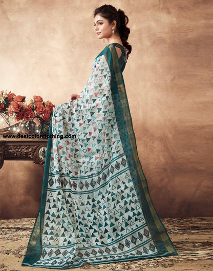 White Printed Cotton Saree