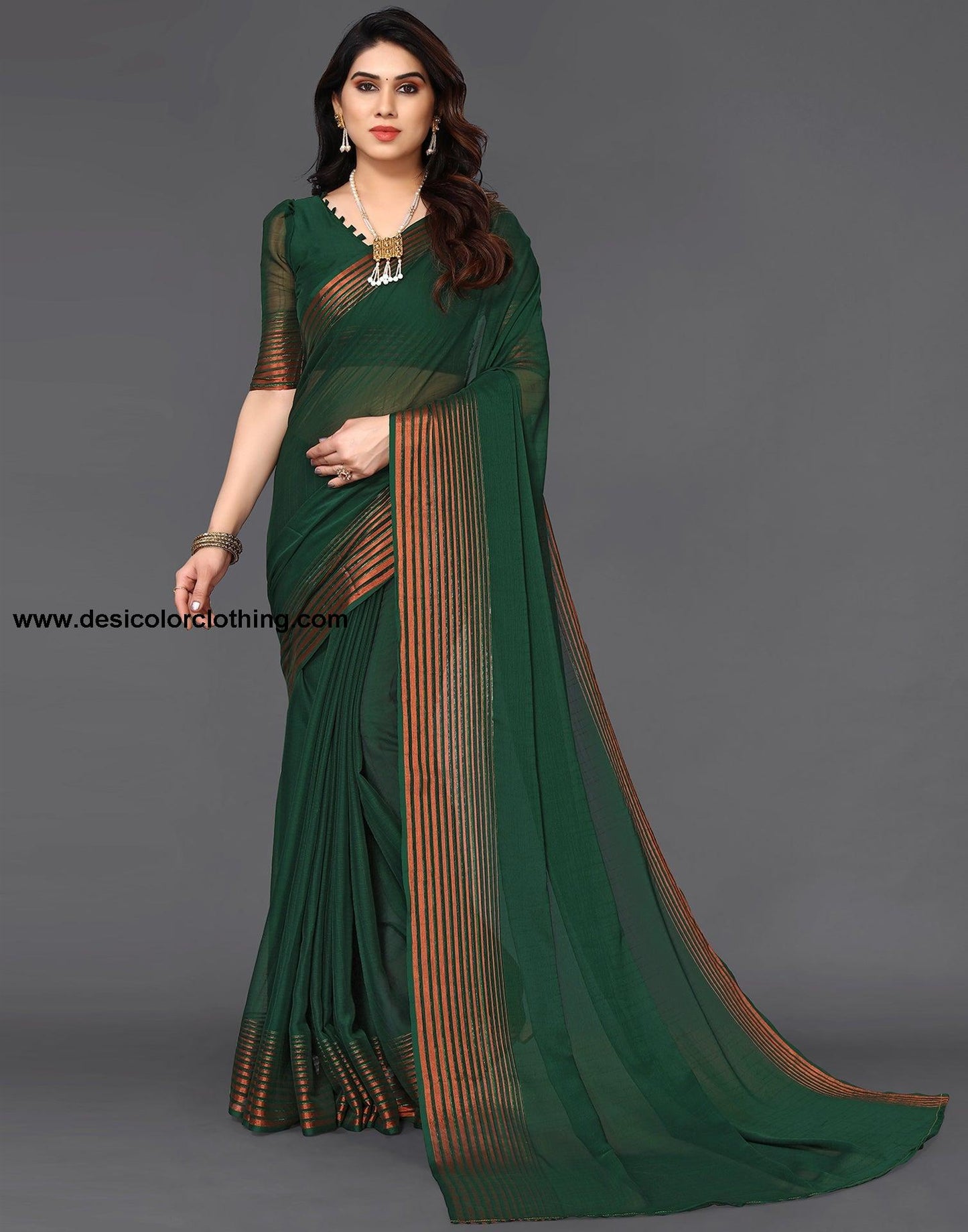 Dark Green Chiffon Plain Saree