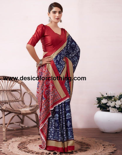 Dark Blue Silk Printed  Saree