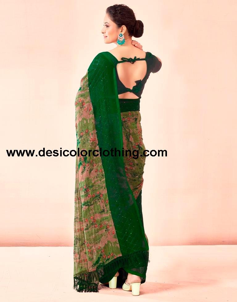Dark Green Printed Georgette Saree