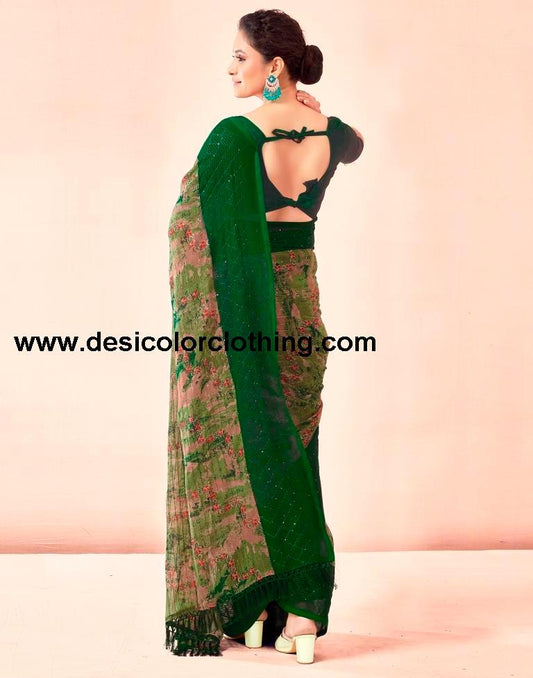 Dark Green Printed Georgette Saree