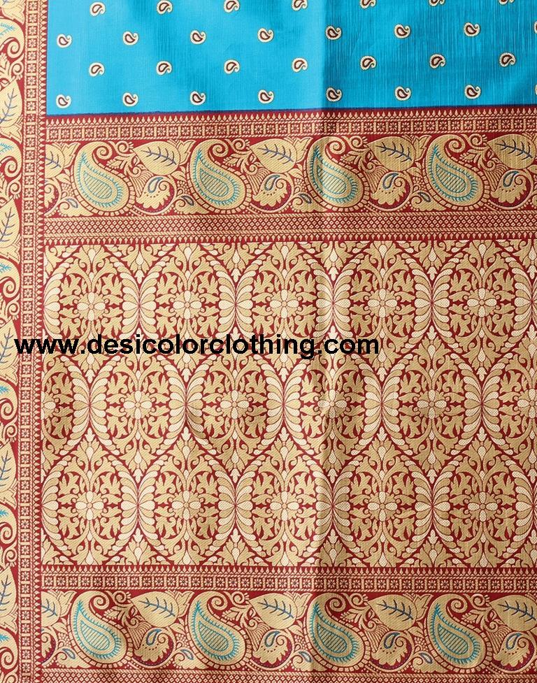 Peacock Blue Printed Silk Saree