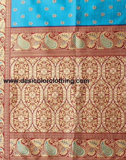 Peacock Blue Printed Silk Saree