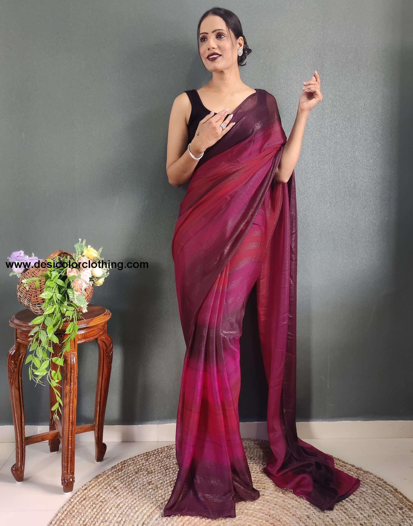 Pink Printed Georgette Pre-draped Saree