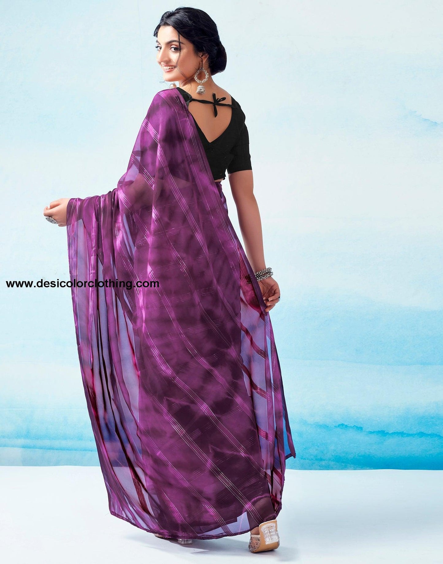 Deep Purple Georgette Printed Ready to Wear Saree