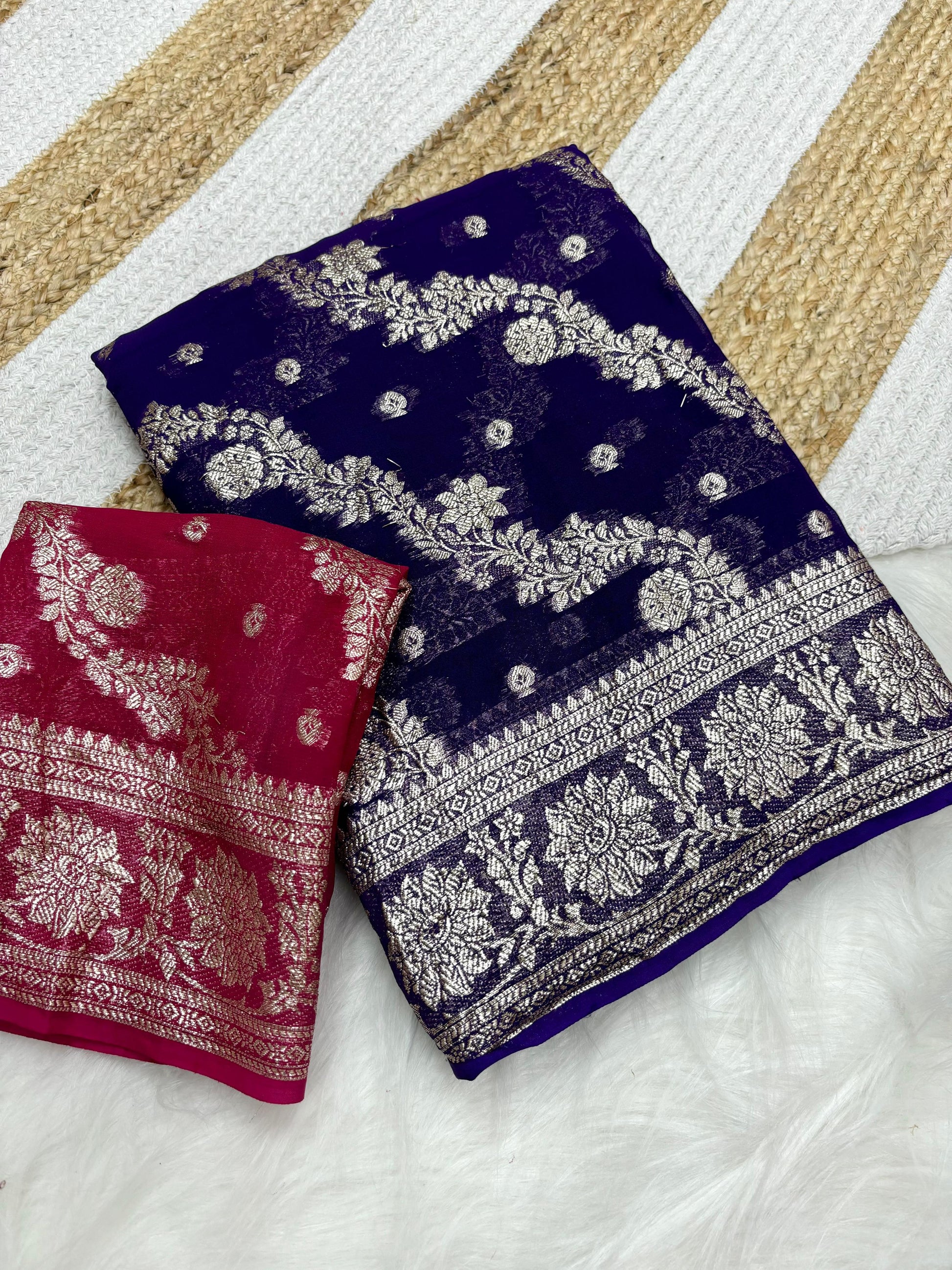 Product Image - Elegant Viscose Georgette Saree with Zari Weaving - Festive Wear