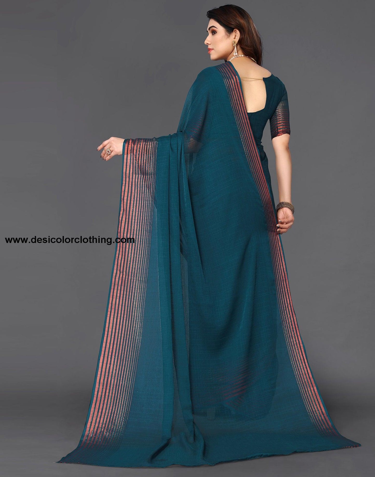 Teal Blue Chiffon Plain Saree