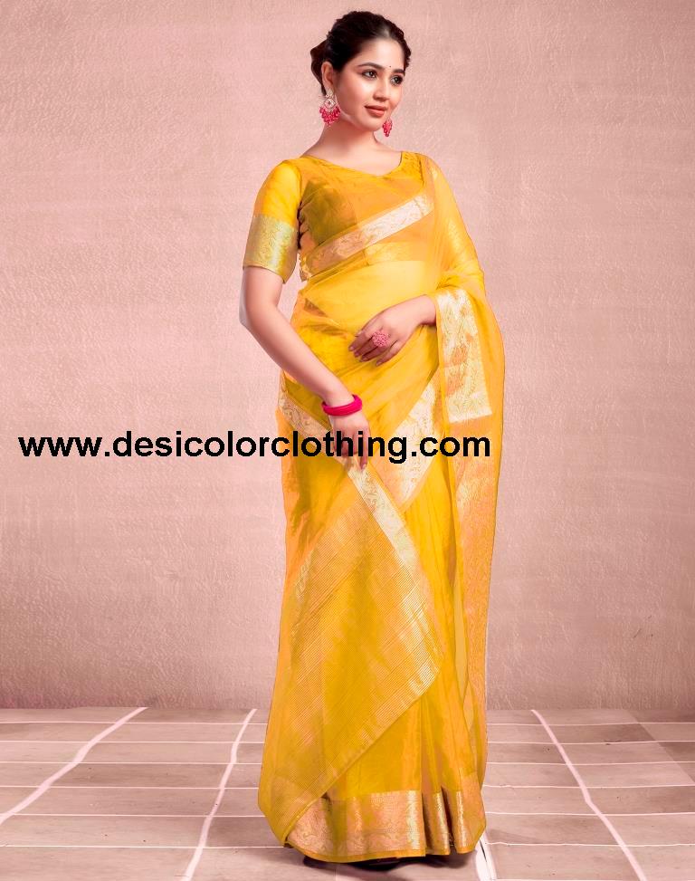 Yellow Orgenza Plain Saree