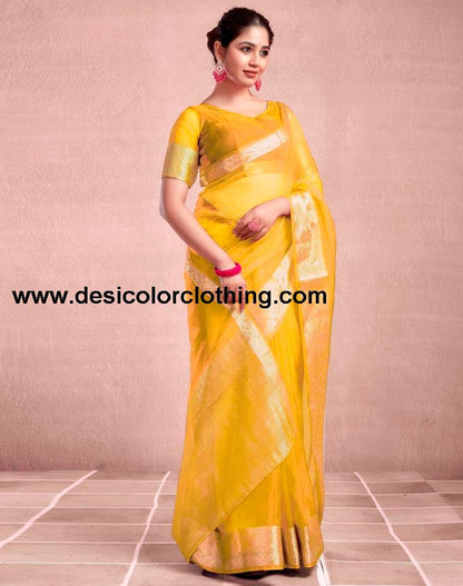 Yellow Orgenza Plain Saree