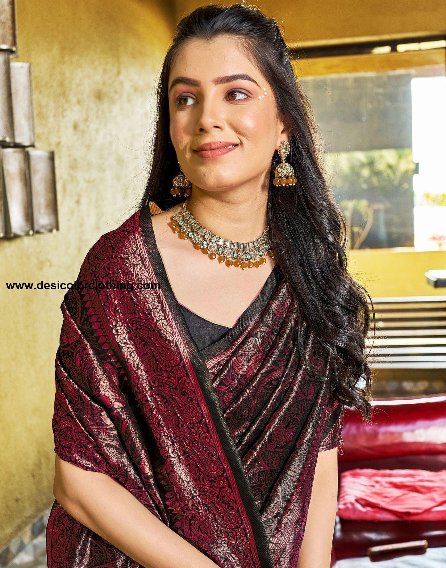 Black and Wine Jacquard Silk Saree