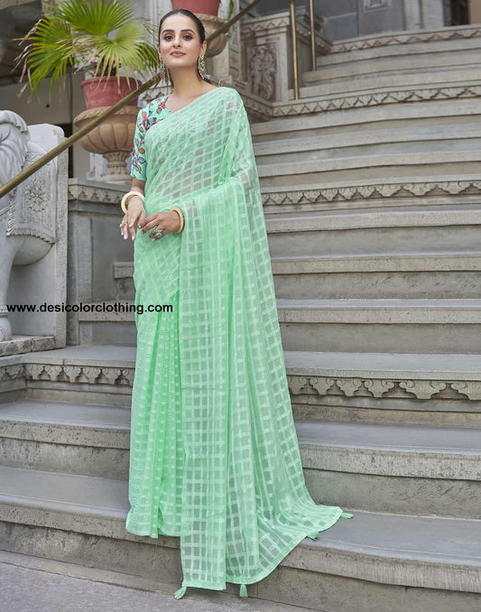 Turquoise Checkered Chiffon Woven Saree
