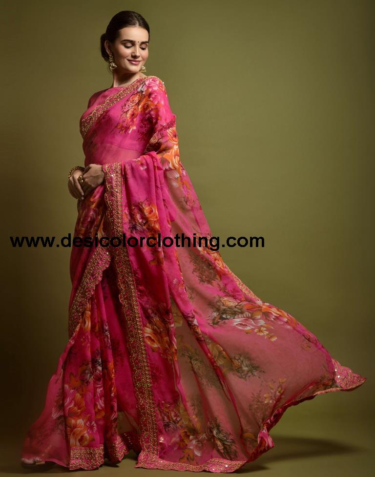 Pink Printed Chiffon Saree