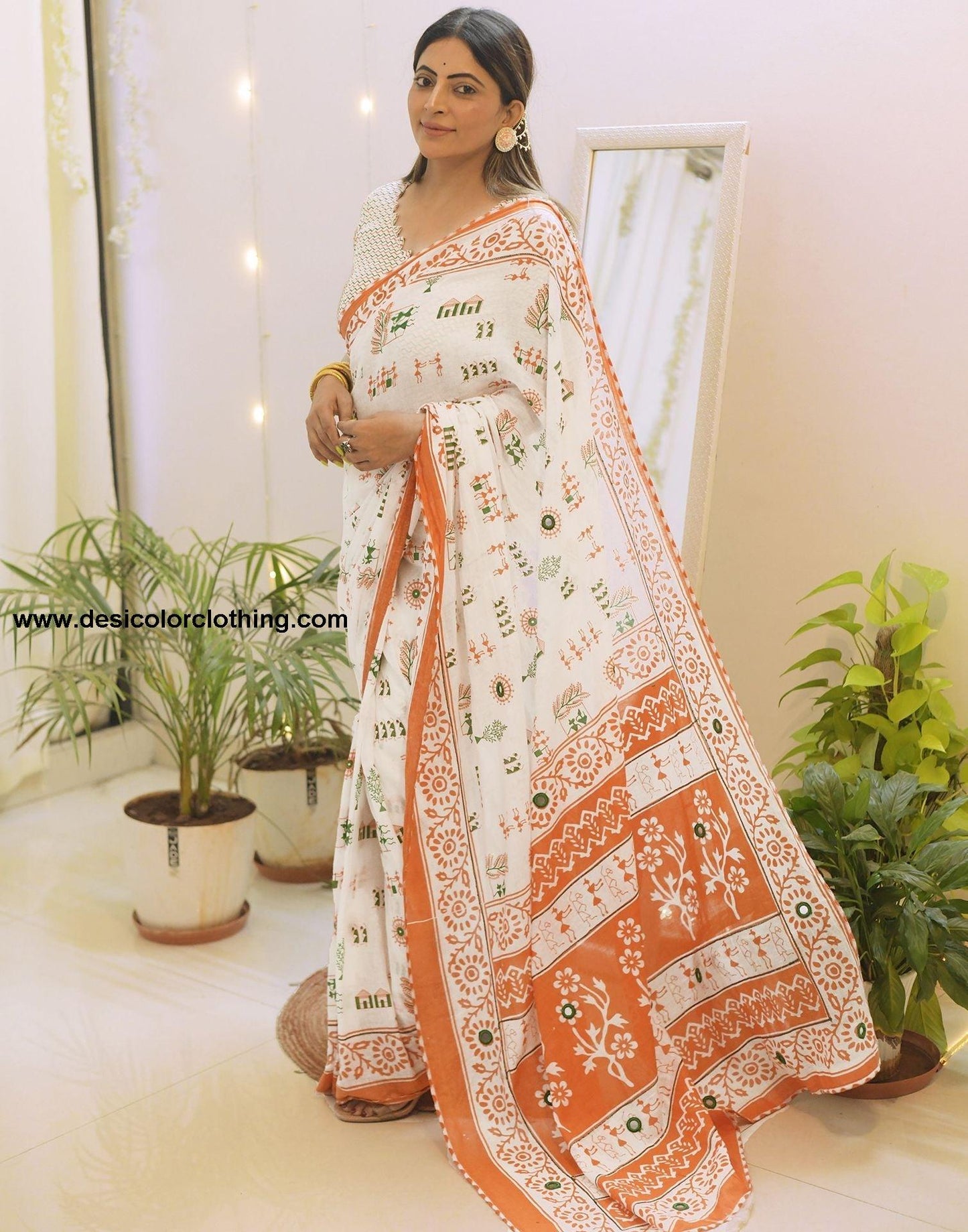 White Printed Cotton Pre-Draped Saree
