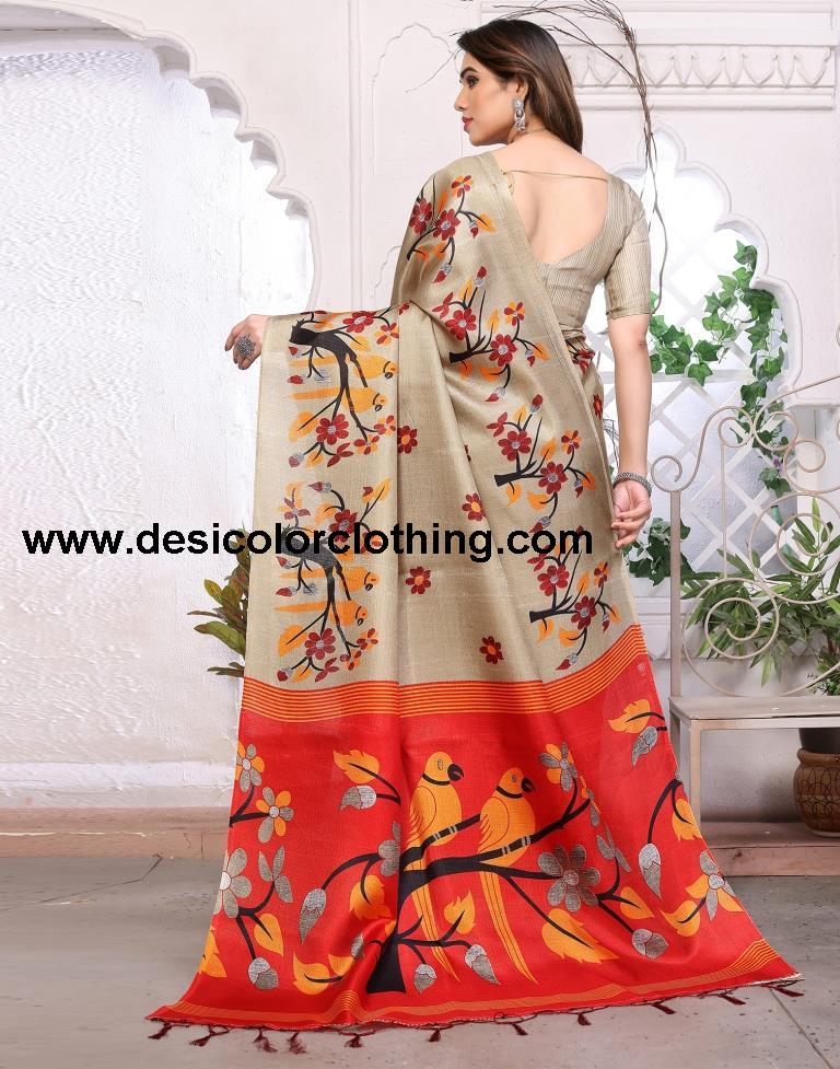 Beige Printed Silk Saree