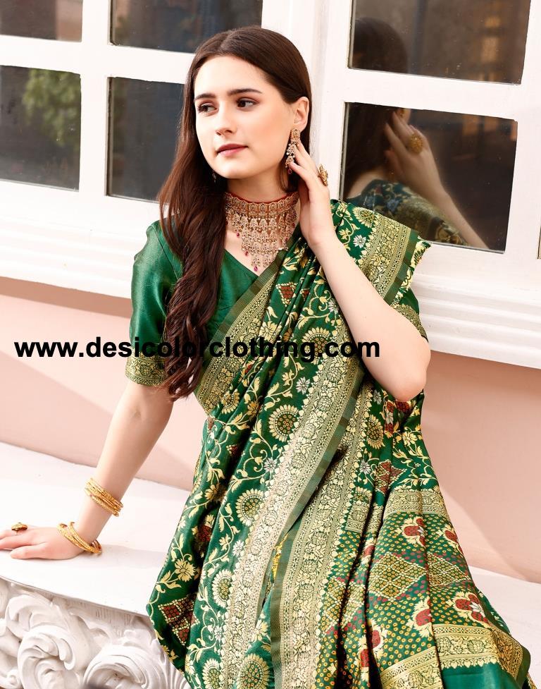 Dark Green Silk Plain Sarees