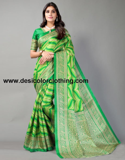 Parrot Green Printed Silk Saree