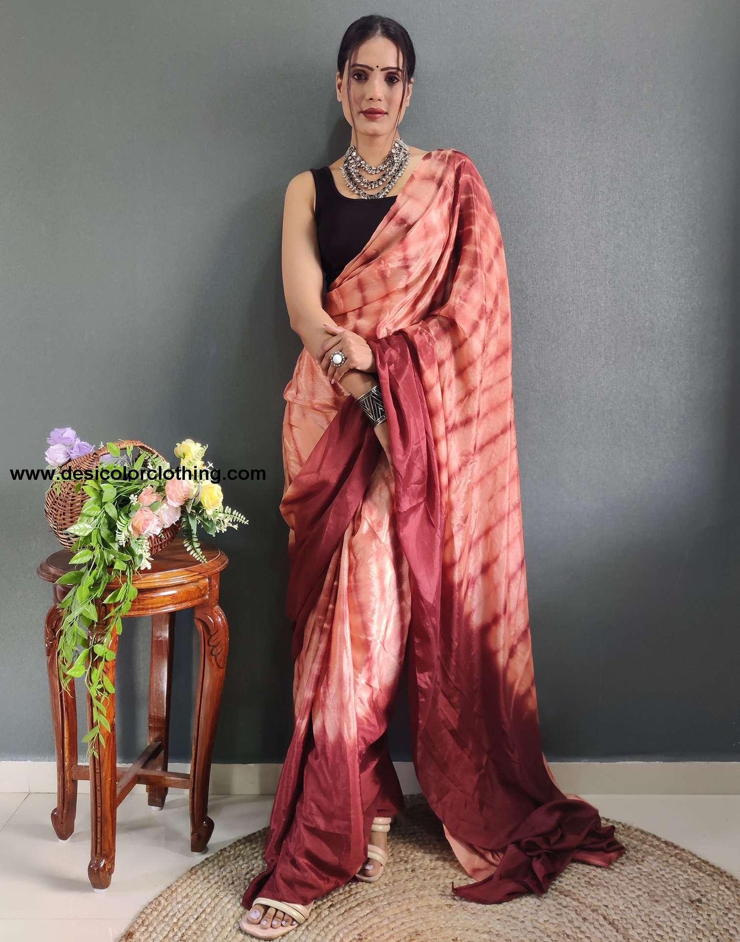 Dull Peach Printed Silk Pre-draped Saree