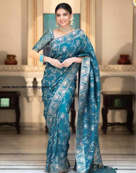 Graceful Blue Art Silk Saree with Plain Weaving Design